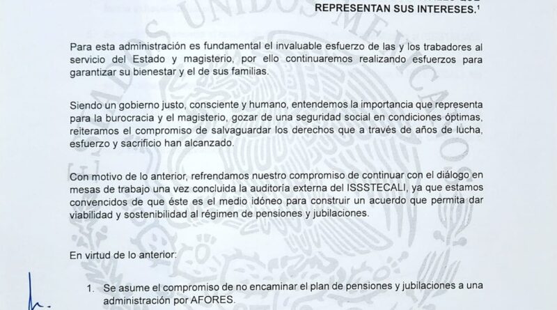 REFRENDA GOBERNADORA MARINA DEL PILAR RESPETO A LOS DERECHOS DE LA BASE TRABAJADORA CON FIRMA DE COMPROMISO PARA EL RESCATE DEL ISSSTECALI